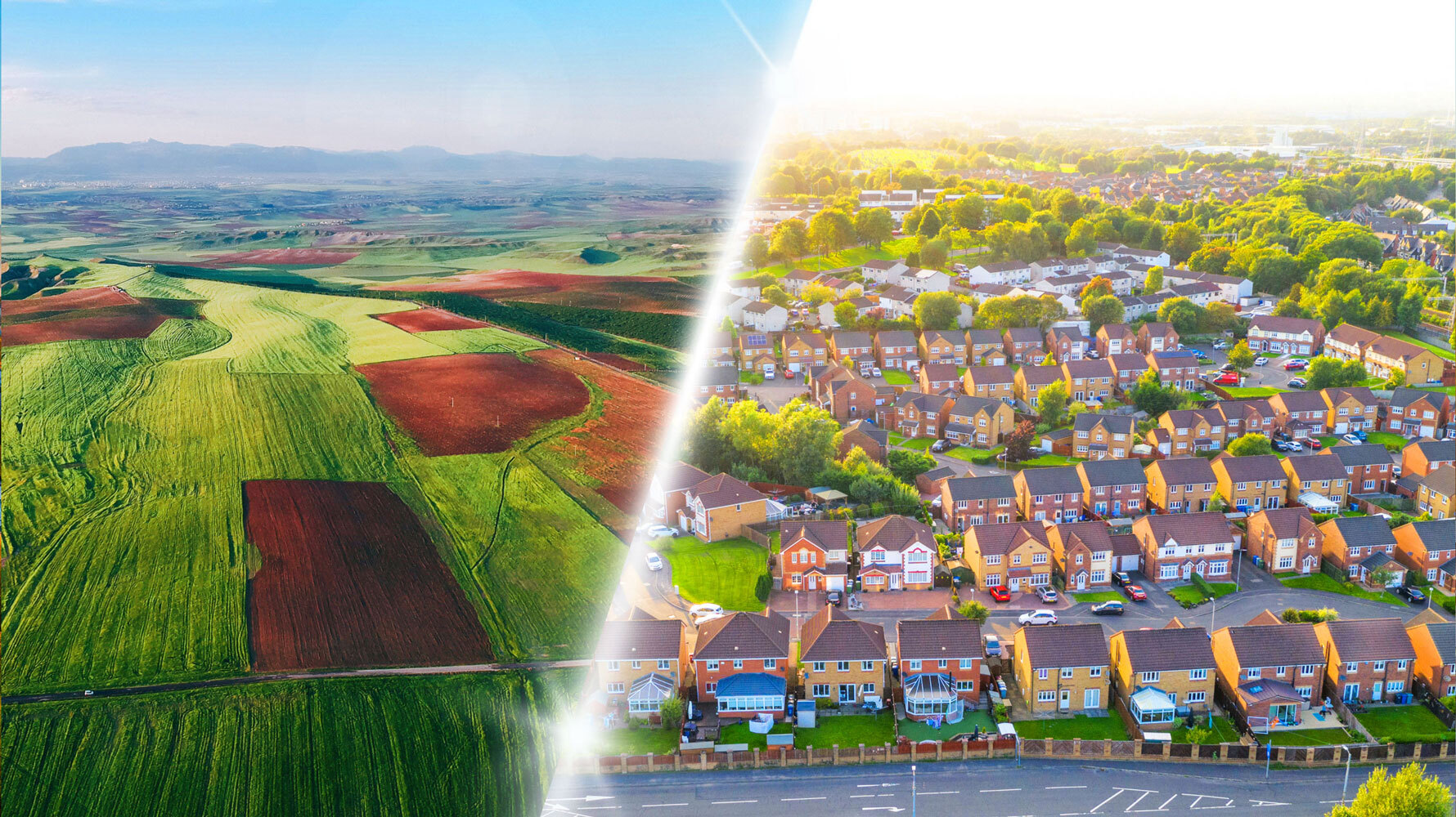 Aerial view of a master-planned residential and commercial development